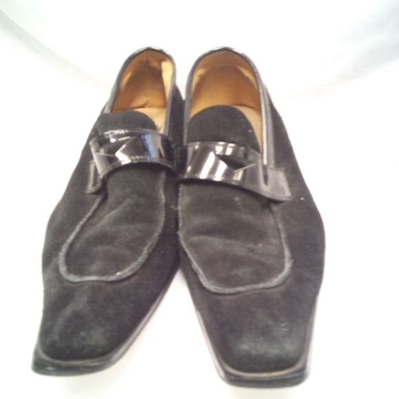 Black Suede Loafers with Patent Strap - Picture 1 of 8